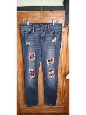 Judy Blue Jeans Women's Skinny Fit Distressed Buffalo Plaid Patch Size 13 31